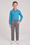 Boys' Turquoise Long Sleeve Polo Collar T-Shirt Gray Ribbed Waist Canvas School Pants Bottom Top Set School Outfit - 2