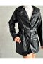 * Women's Black Belted Faux Leather Blazer Jacket - 3