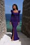 Purple Square Neck Flounce Sleeve Belted Slit Maxi Evening Dress 582750 - 3