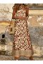 Women's Patterned Long Jersey Dress with Open Shoulders and Strap Detail - 2