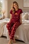 Women's Patterned Crew Neck Buttonless Cotton Summer Short Sleeve Pajama Set - 3