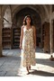 Women's Summer Long Dress Sleeveless V-Neck Floral Patterned Viscose Crepe Ecru - 2