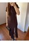 Bitter Brown Agraf Detailed Low-Cut Adjustable Long Dress - 4