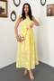Women's Yellow Midi Dress with Floral Embroidery, Belted, Gathered, Lined, A-Line