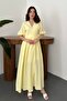 Women's Yellow Double-Breasted Collar Belted Balloon Sleeve Slit Muslin Maxi Dress - 2
