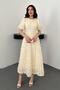 Women's Beige Midi Rose Appliqué Balloon Sleeve Round Neck Lined Event Dress - 2