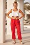 Pomegranate Flower Pocketed Thin Belted Elastic Waist Baggy Leg Linen Look Woven Trousers 95 62 - 4