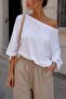 Women's White Boat Neck Ribbed Textured Loose Off-Shoulder Short Sleeve Blouse - 2