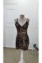 Women's Rope Strap Double Breasted Collared Side Gathered Leopard Patterned Short Single Jersey Dress - 5