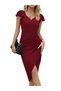 Qwomen's Short Sleeve Heart Neck Side Gather Detail Midi Janjan Crepe Dress - 3