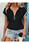 Women's Short Sleeve Front Zipper Sleeve Tip Glittering Viscose Blouse
