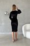Women's velvet fabric double-breasted collar balloon sleeve and slit detailed midi length dress - 3