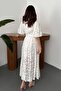 Women's Ecru Midi Belted Balloon Sleeve Floral Patterned Shirt Collar Dress - 5