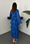 Women's Cobalt Blue Dress with High Collar, Floral Pattern, Belted, Layered, Flounce Midi - 5