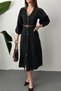 Women's Black Denim Midi Dress V-Neck Balloon Sleeve Buttoned Pocket Detailed A-Line - 4