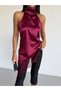 Women's Burgundy Halter Neck Lace Embroidered Asymmetrical Satin Blouse Hzl26S-Fry123901