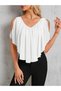 Women's Short Sleeve V-Neck Off the Shoulders Loose Chiffon Blouse - 7