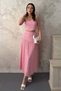 Women's Pink Bottom - Top Set Suspender Lace Crop Blouse and High Waist Ruffle Long Skirt Set - 2