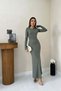 Women's Khaki Long Bodycon Dress Crew Neck Long Sleeve Straight Cut