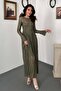 Women's Khaki Long Sleeve Lined Lace Maxi Dress Crew Neck Flared Skirt