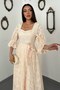 Women's Beige Brode Embroidered Square Neck Balloon Sleeve Belted Lined Long Flared Dress - 3