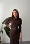 Women's Brown Midi Pencil Dress Crew Neck Pleated Shoulders Belted Long Sleeves - 3