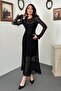 Women's Black Long Sleeve Lined Lace Maxi Dress Crew Neck Flared Skirt