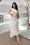 Women's White Blouse Skirt Set Guipure Embroidered Sleeveless Round Neck Midi