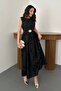 Women's Black 3D Embroidered Floral Belted Sleeveless Midi A-Line Dress - 2