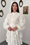 Women's White Long Dress with Stand Collar, Buttoned Belt, Flounces and Floral Texture - 3