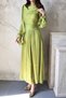 Women's Oil Green Long Gathered Cuffed Belted Pleated Lined Event Dress - 4