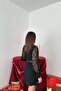 Women's Black Belted Lace Sleeve Jacket Collar Asymmetrical Mini Dress - 5
