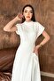 Women's White Maxi Dress with Stand Collar, Gathered Short Sleeves, Pockets, Lined - 3