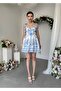 Women's Patterned Mini Dress with Straps, Sweetheart Neckline, Lace-Up, Flared Skirt - 6