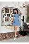 Women's Light Blue Mini Denim Dress with Balloon Sleeves, Crew Neck, and Stitching Detail - 4