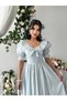 Women's Blue Midi Dress with Plaid Pattern, Ruffle Collar, Balloon Sleeves and Lace Detail
