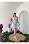 Women's Blue and White Mini Dress with Floral Pattern, Straps, Lace Detail, Gathered and Flared Cut - 7