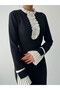 Women's Black Long Sleeve Midi Dress with Ruffle Detail and Contrast Cuffs, Pencil Cut - 4