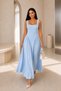 Women's Blue Square Neck Low Waist Gathered Long Dress - 2