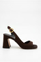 Women's Bitter Brown Satin Design Asymmetrical Strap Blunt Toe Thick Heeled Shoes - 4