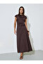 Brown Gathered Cap Sleeves A-Line Maxi Dress - 3