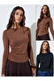 Pack of 2 - Long Sleeves Round Neck Ruched Fitted Knit Top - 2