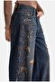 Women's Dark Denim T-10W6-8 Palazzo Fit Stone and Drop Detailed Special Design Denim Jeans - 3
