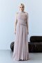 Powder Strapless Crystal Stone Embroidered Draped Shawl Detailed Long Evening Dress