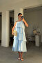 Embroidered Collar, Lined, Layered Dress - Blue - 6