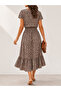 Women's Short Sleeve V-Neck Elastic Waist Midi Leopard Print Dress - 2