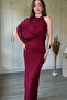 One-Shoulder Halter Neck Draped Elegant Shimmering Maxi Tulle Burgundy Dress - 2