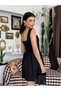Women's Black Poplin Mini Dress with Square Collar and Button Detail and Gathered Skirt - 5