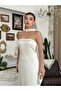 Women's Ecru Strapless Shawl Detailed Satin Midi Dress with Open Back - 7