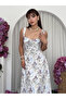 Women's White Floral Patterned Gathered Strap Square Neck Midi Dress - 3